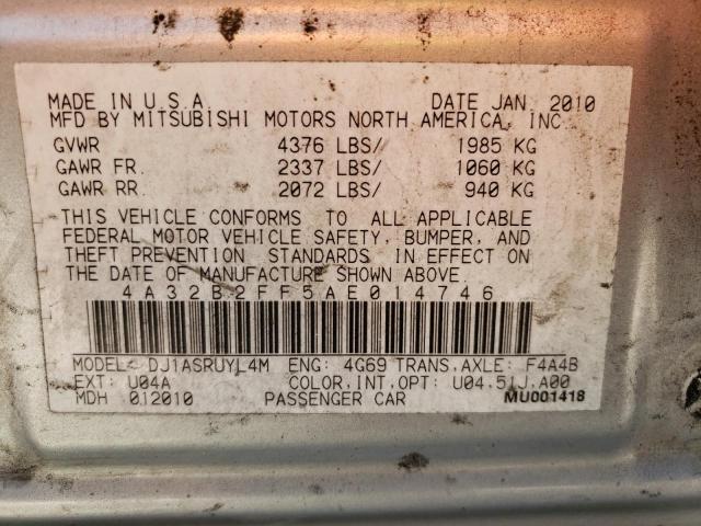 Photo 10 from auction – 2010 MITSUBISHI GALANT FE with VIN 4A32B2FF5AE014746