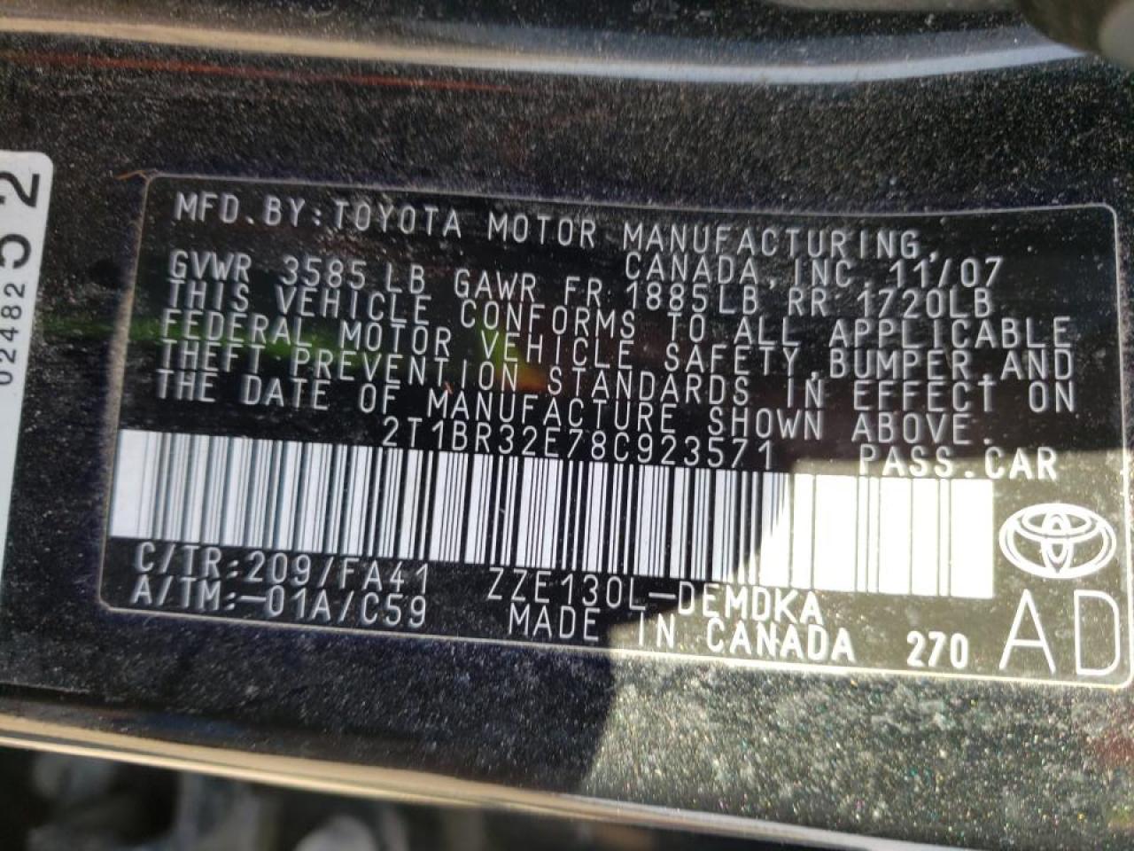 Photo 10 from auction – 2008 TOYOTA COROLLA CE with VIN 2T1BR32E78C923571