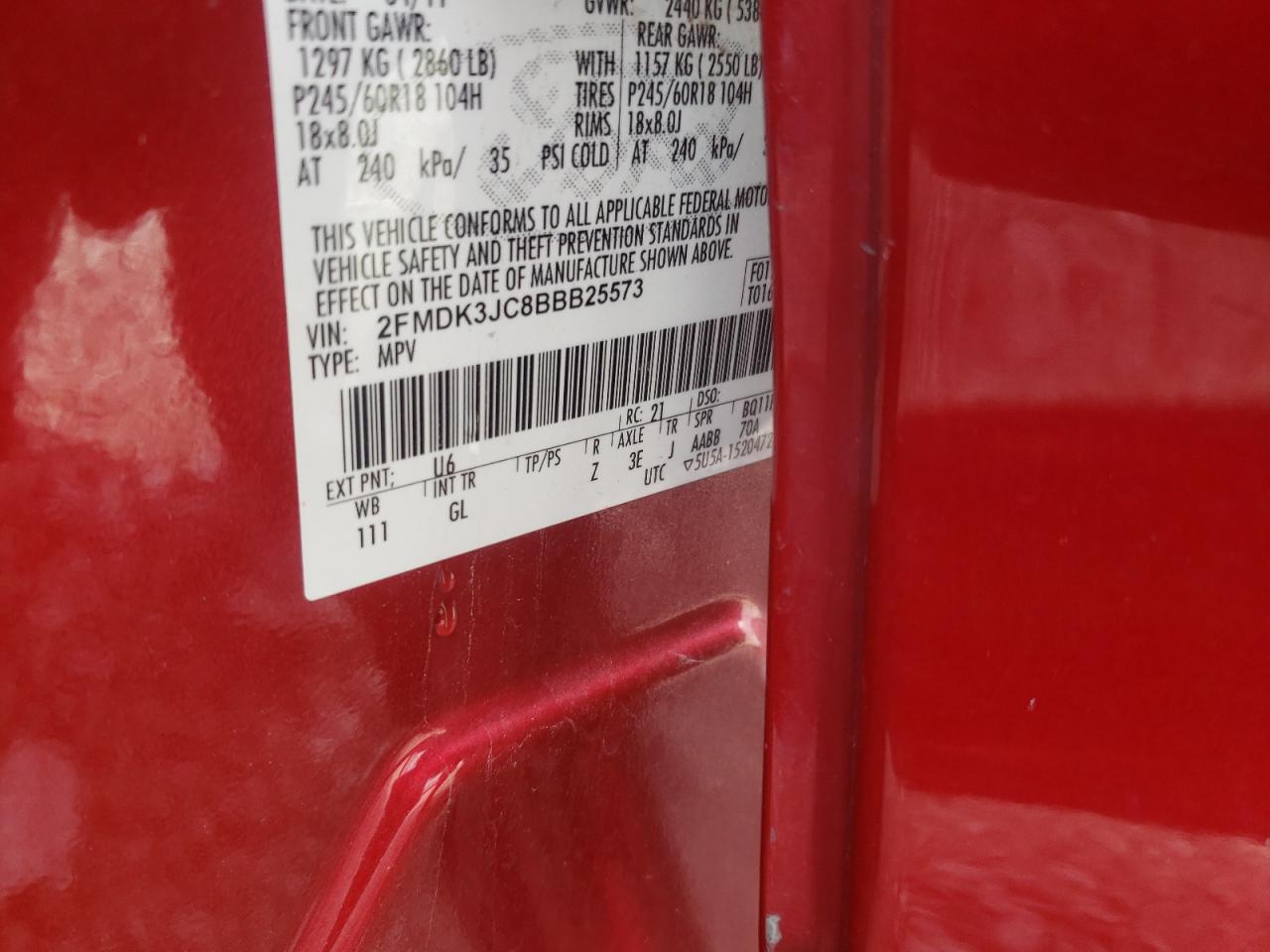 Photo 10 from auction – 2011 FORD EDGE SEL with VIN 2FMDK3JC8BBB25573