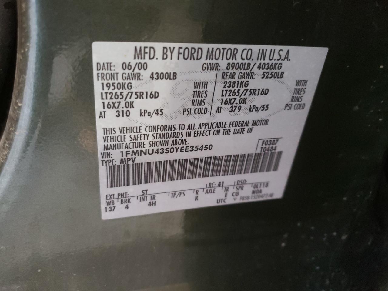 Photo 10 from auction – 2000 FORD EXCURSION with VIN 1FMNU43S0YEE35450