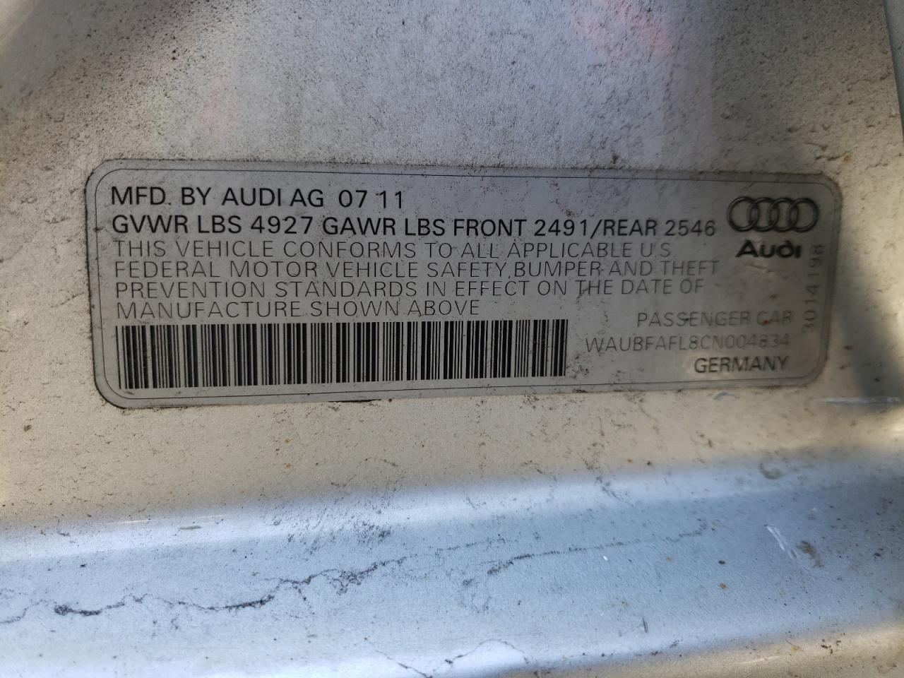 Photo 10 from auction – 2012 AUDI A4 PREMIUM with VIN WAUBFAFL8CN004834