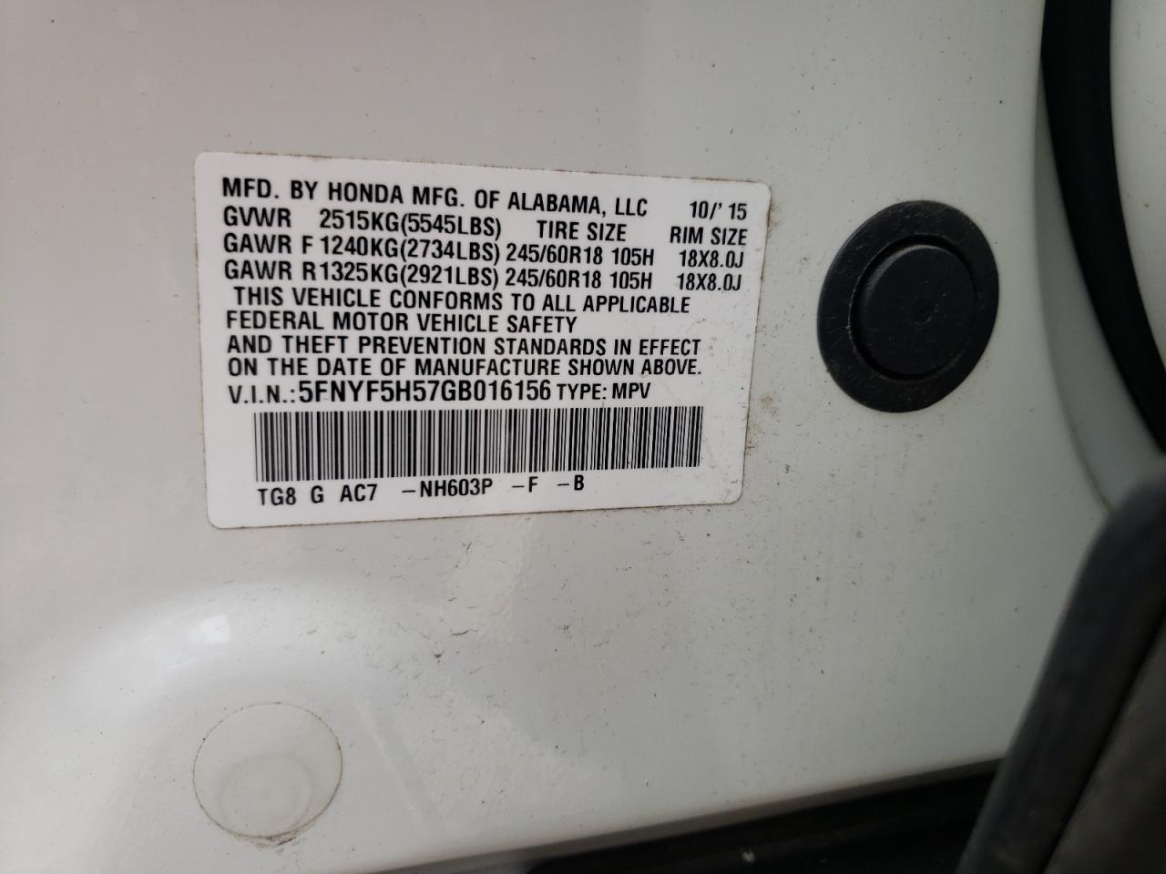 Photo 10 from auction – 2016 HONDA PILOT EXL with VIN 5FNYF5H57GB016156