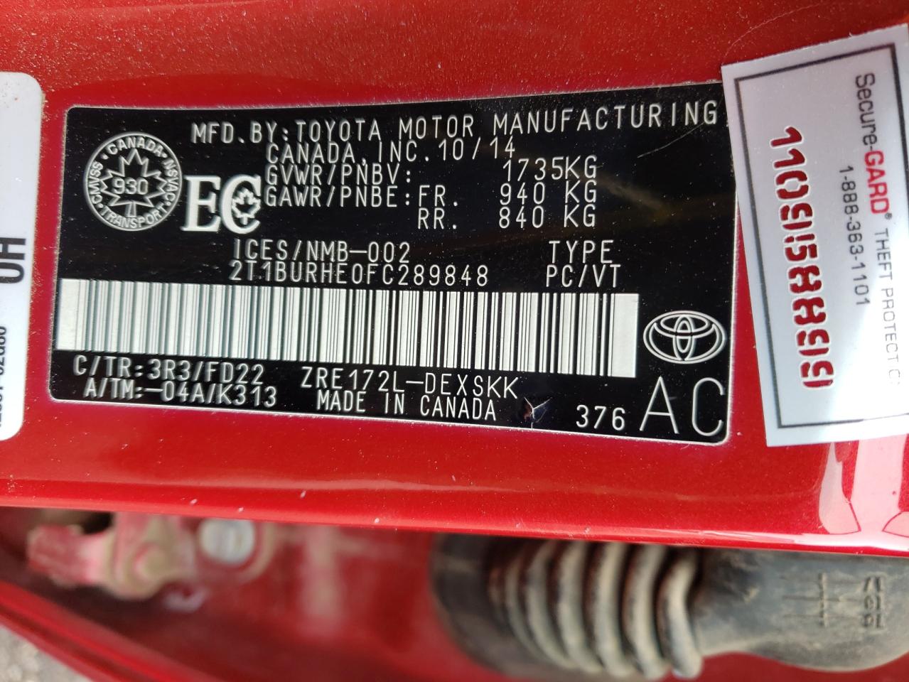 Photo 10 from auction – 2015 TOYOTA COROLLA L with VIN 2T1BURHE0FC289848