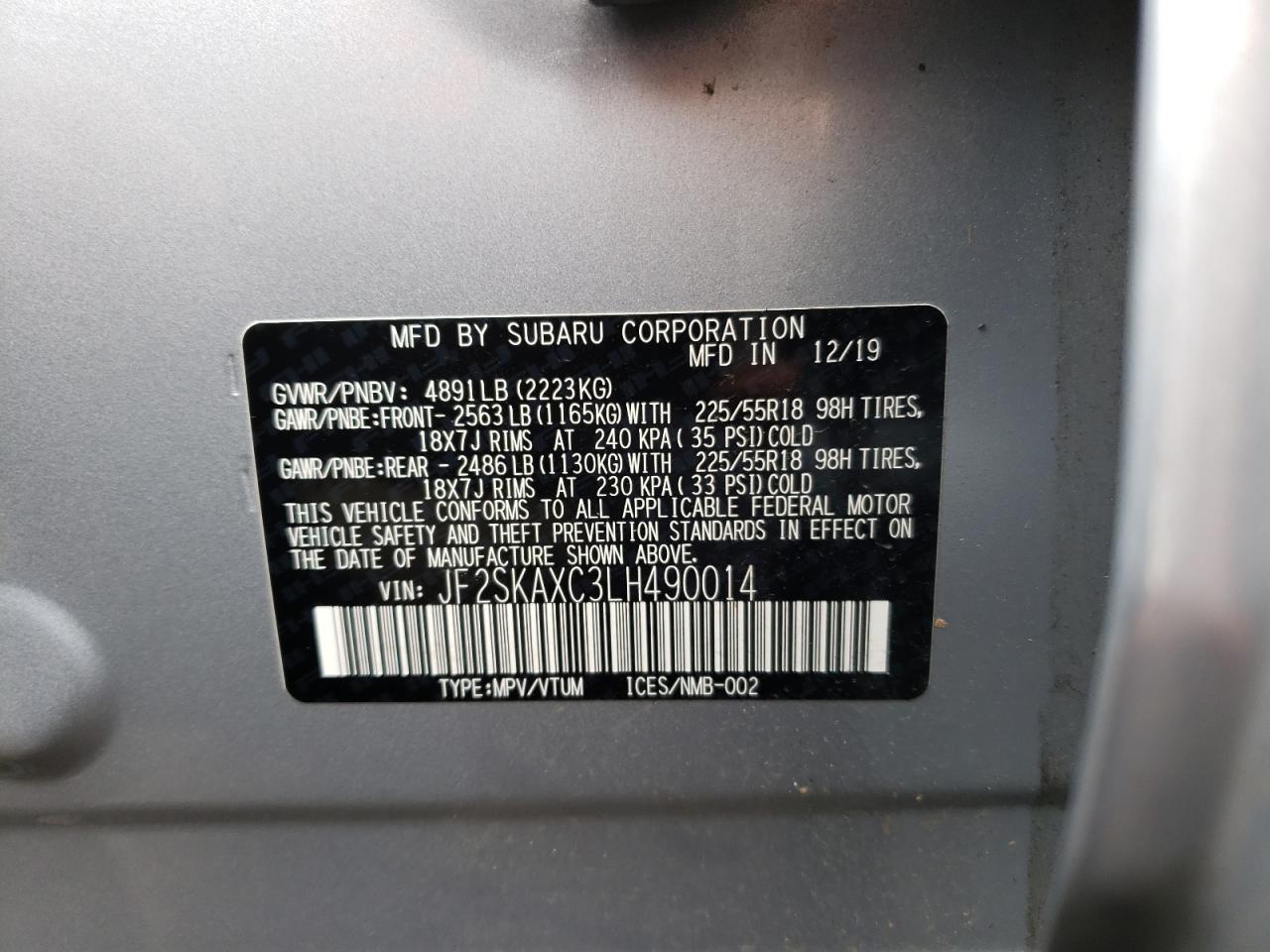 Photo 10 from auction – 2020 SUBARU FORESTER T with VIN JF2SKAXC3LH490014