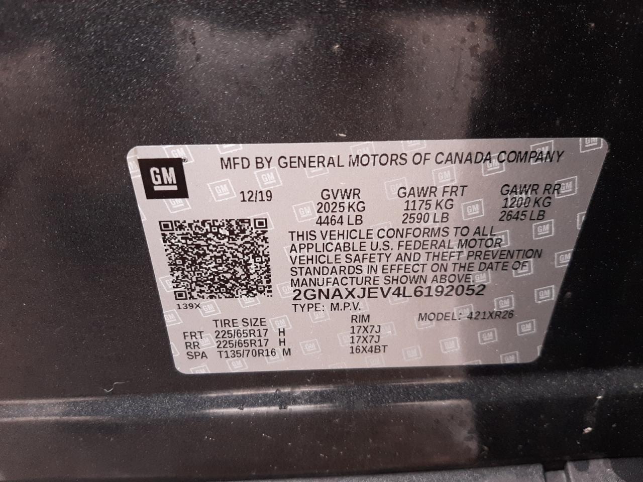 Photo 10 from auction – 2020 CHEVROLET EQUINOX LT with VIN 2GNAXJEV4L6192052