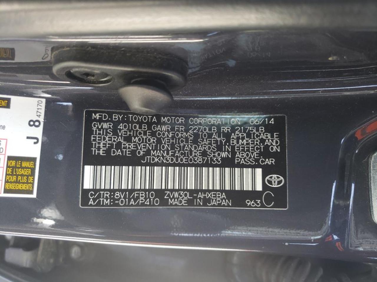 Photo 10 from auction – 2014 TOYOTA PRIUS with VIN JTDKN3DU0E0387133