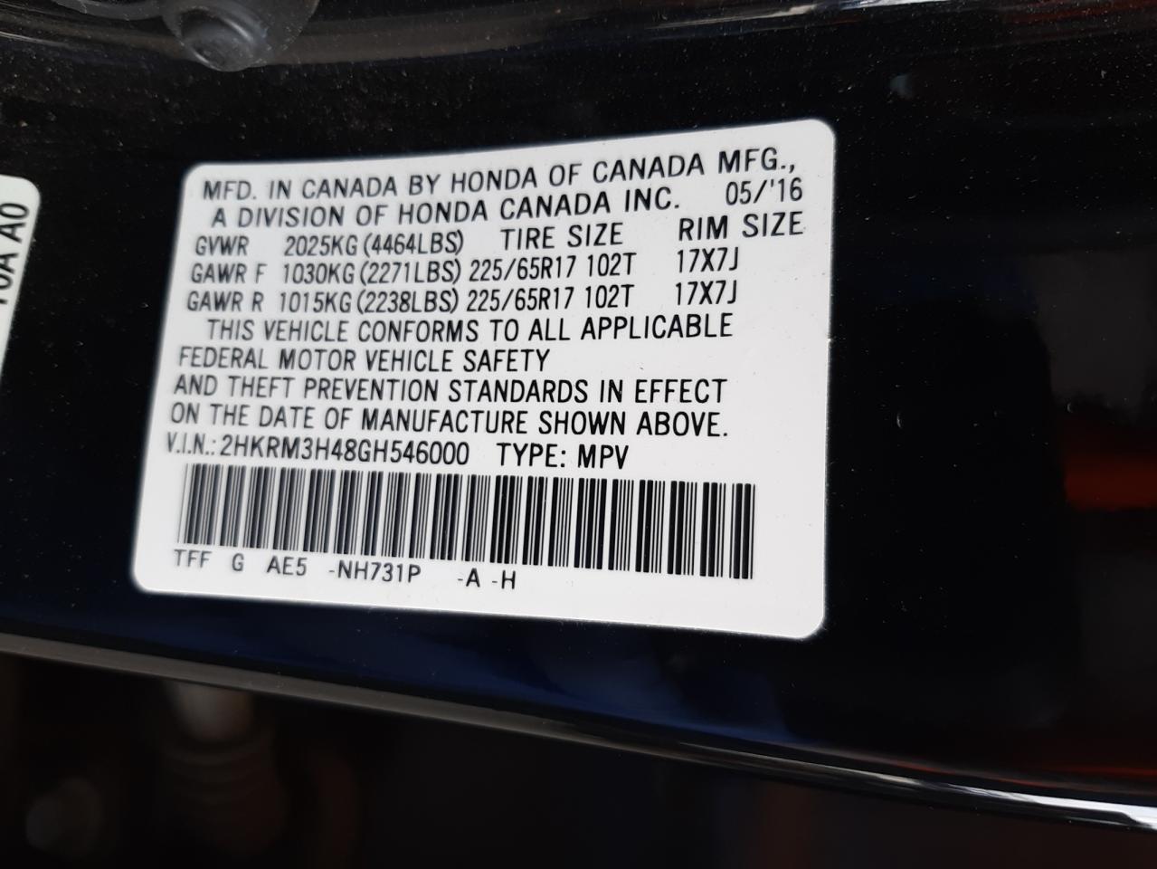 Photo 10 from auction – 2016 HONDA CR-V SE with VIN 2HKRM3H48GH546000