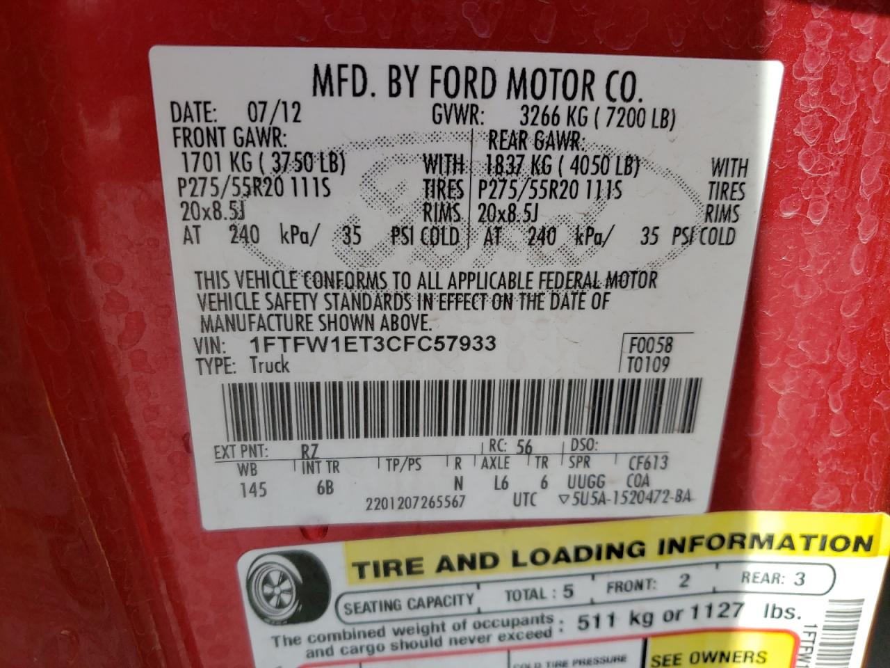 Photo 10 from auction – 2012 FORD F150 SUPER with VIN 1FTFW1ET3CFC57933