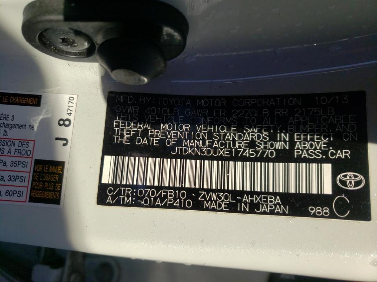 Photo 10 from auction – 2014 TOYOTA PRIUS with VIN JTDKN3DUXE1745770