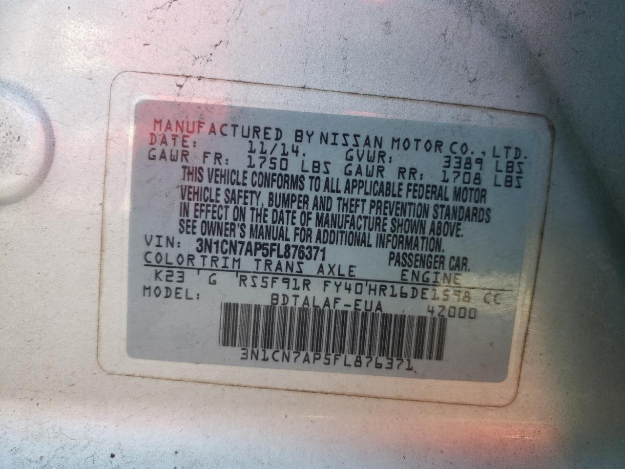Photo 10 from auction – 2015 NISSAN VERSA S with VIN 3N1CN7AP5FL876371