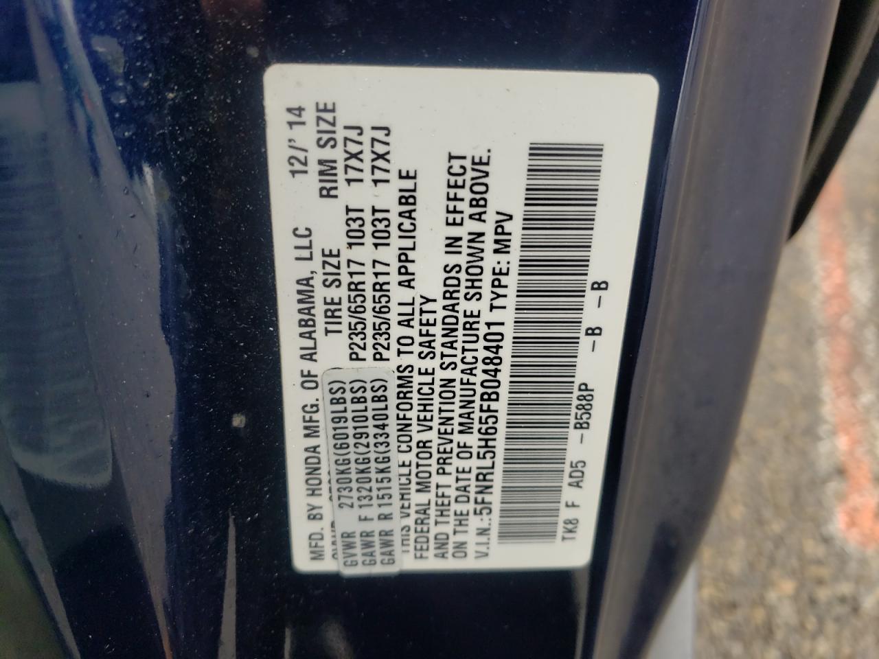Photo 10 from auction – 2015 HONDA ODYSSEY EX with VIN 5FNRL5H65FB048401