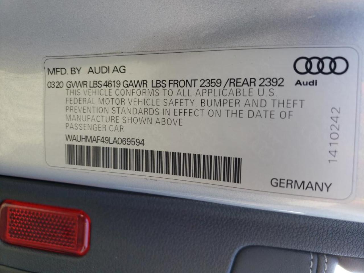 Photo 10 from auction – 2020 AUDI A4 PREMIUM with VIN WAUHMAF49LA069594