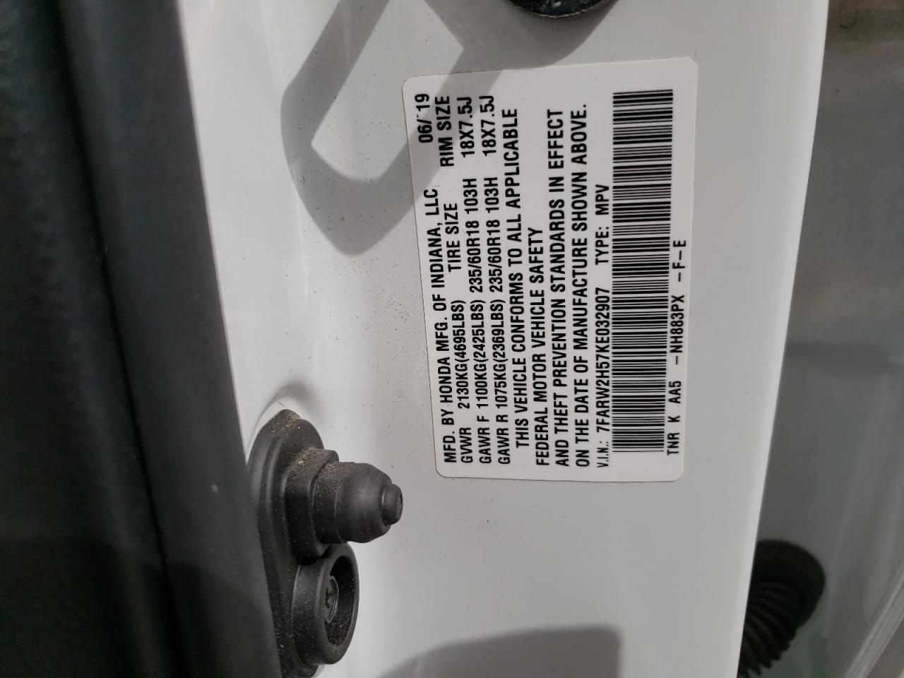 Photo 10 from auction – 2019 HONDA CR-V EX with VIN 7FARW2H57KE032907