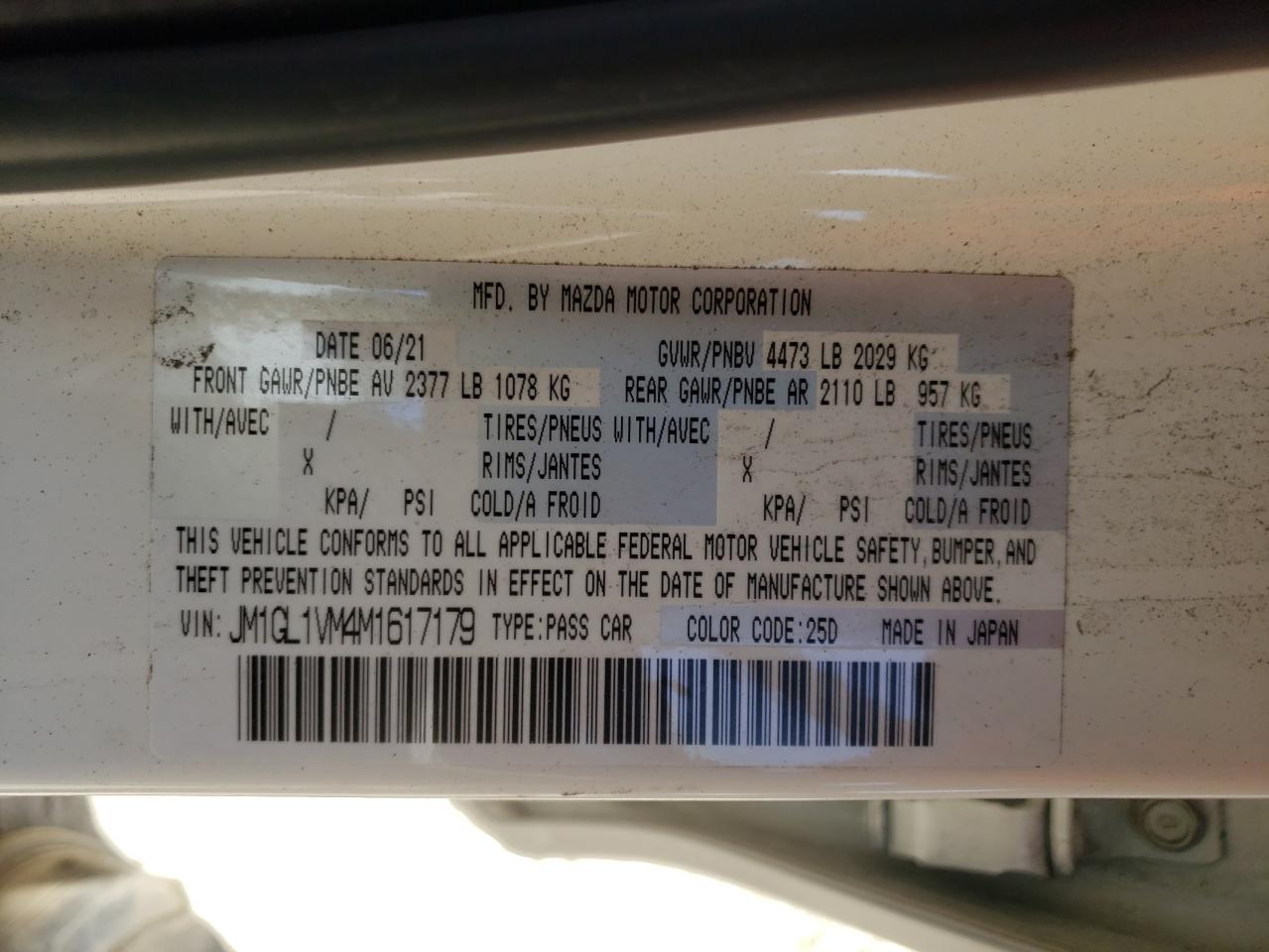 Photo 10 from auction – 2021 MAZDA 6 TOURING with VIN JM1GL1VM4M1617179