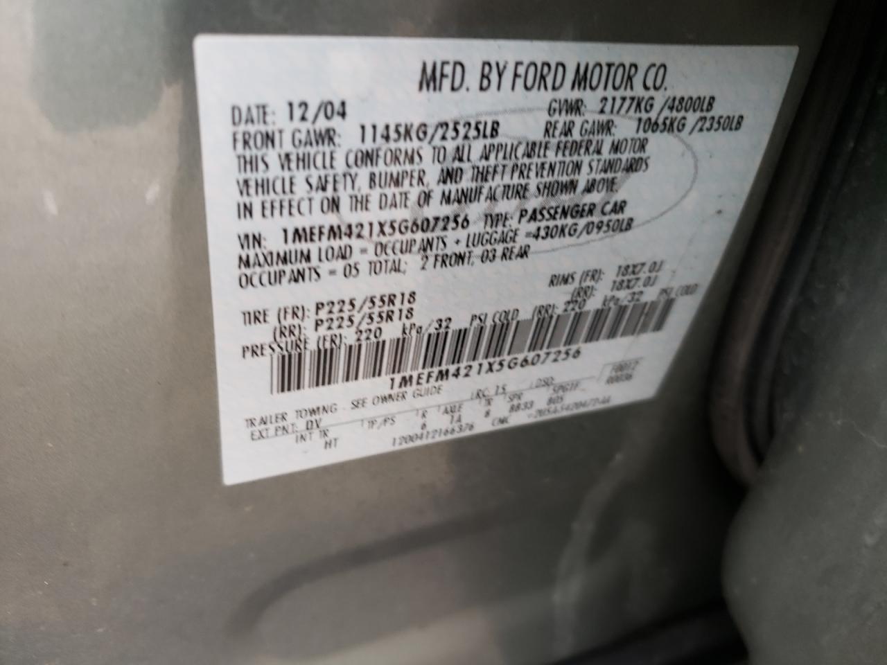 Photo 10 from auction – 2005 MERCURY MONTEGO PR with VIN 1MEFM421X5G607256