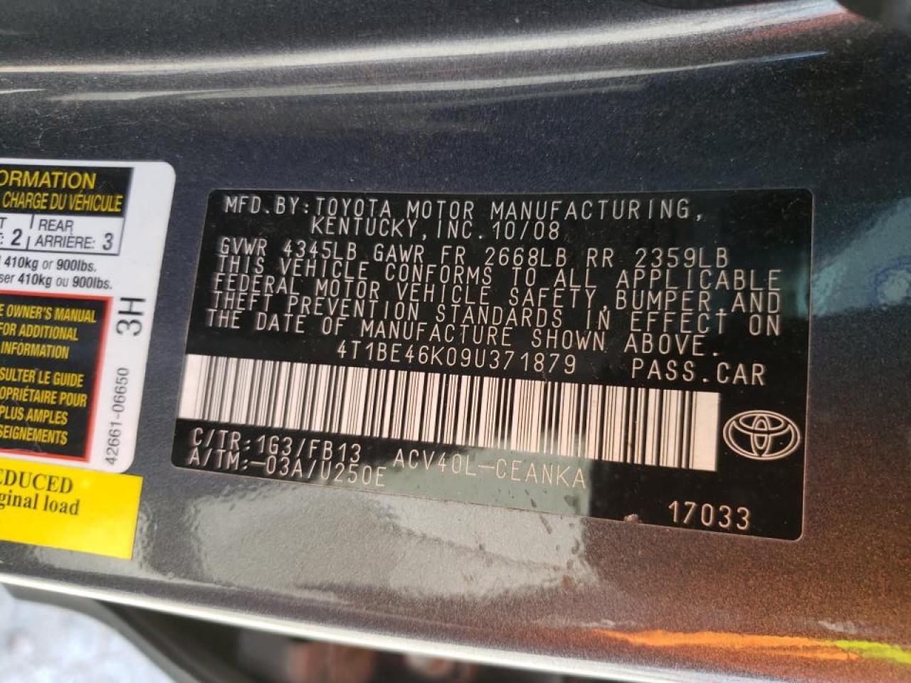 Photo 10 from auction – 2009 TOYOTA CAMRY BASE with VIN 4T1BE46K09U371879