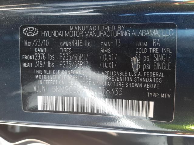 Photo 10 from auction – 2010 HYUNDAI SANTA FE G with VIN 5NMSG3AB8AH378333