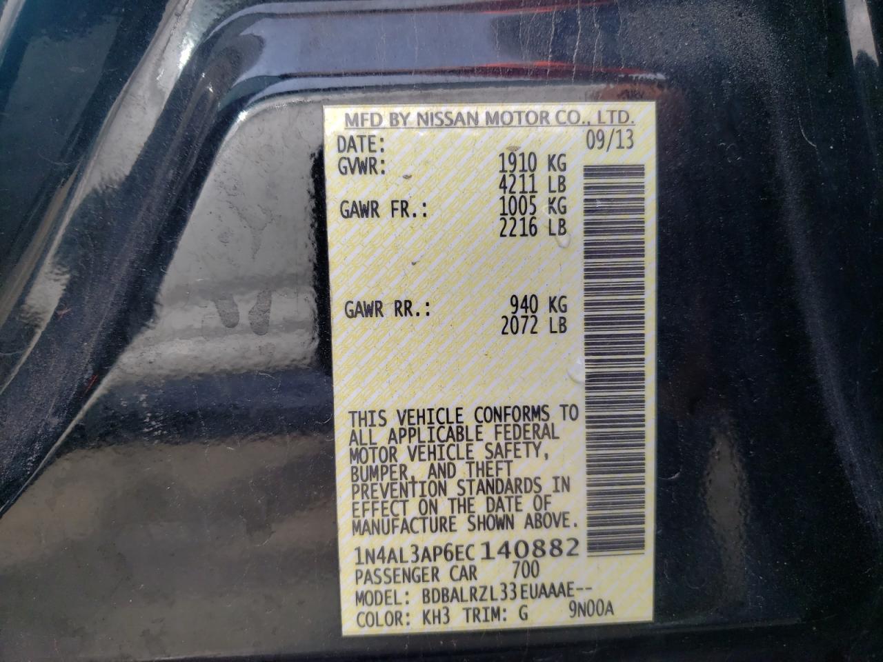 Photo 10 from auction – 2014 NISSAN ALTIMA 2.5 with VIN 1N4AL3AP6EC140882