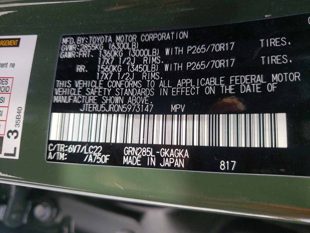 Photo 10 from auction – 2022 TOYOTA 4RUNNER SR with VIN JTERU5JR0N5973147