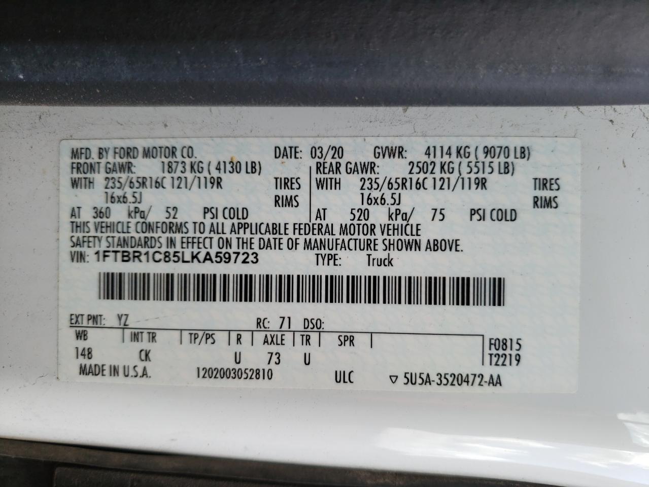Photo 10 from auction – 2020 FORD TRANSIT T- with VIN 1FTBR1C85LKA59723