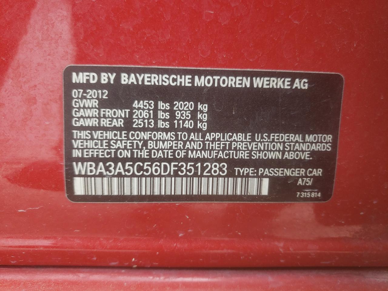 Photo 10 from auction – 2013 BMW 328 I with VIN WBA3A5C56DF351283