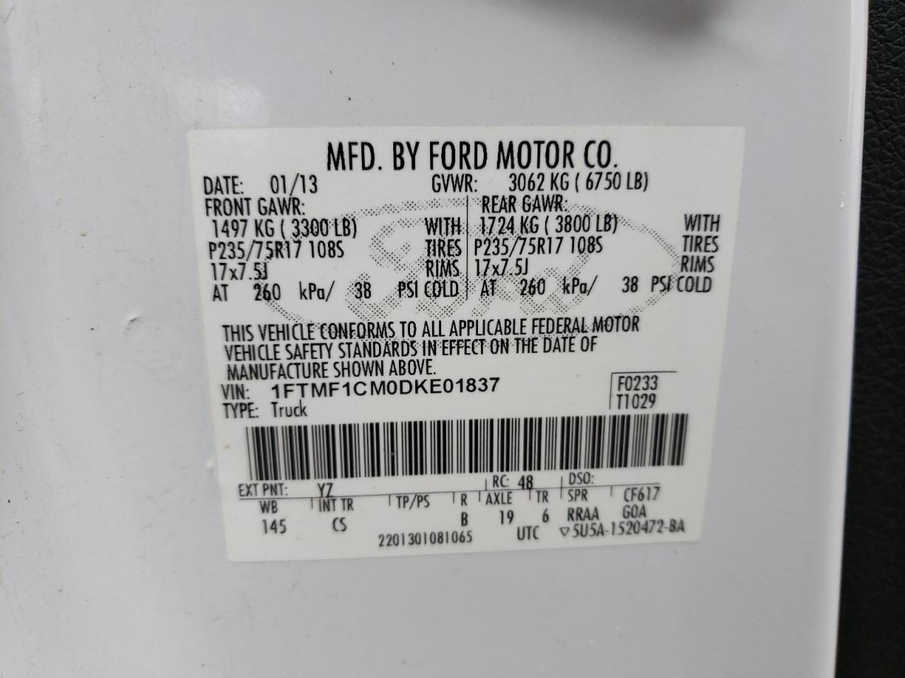 Photo 10 from auction – 2013 FORD F150 with VIN 1FTMF1CM0DKE01837