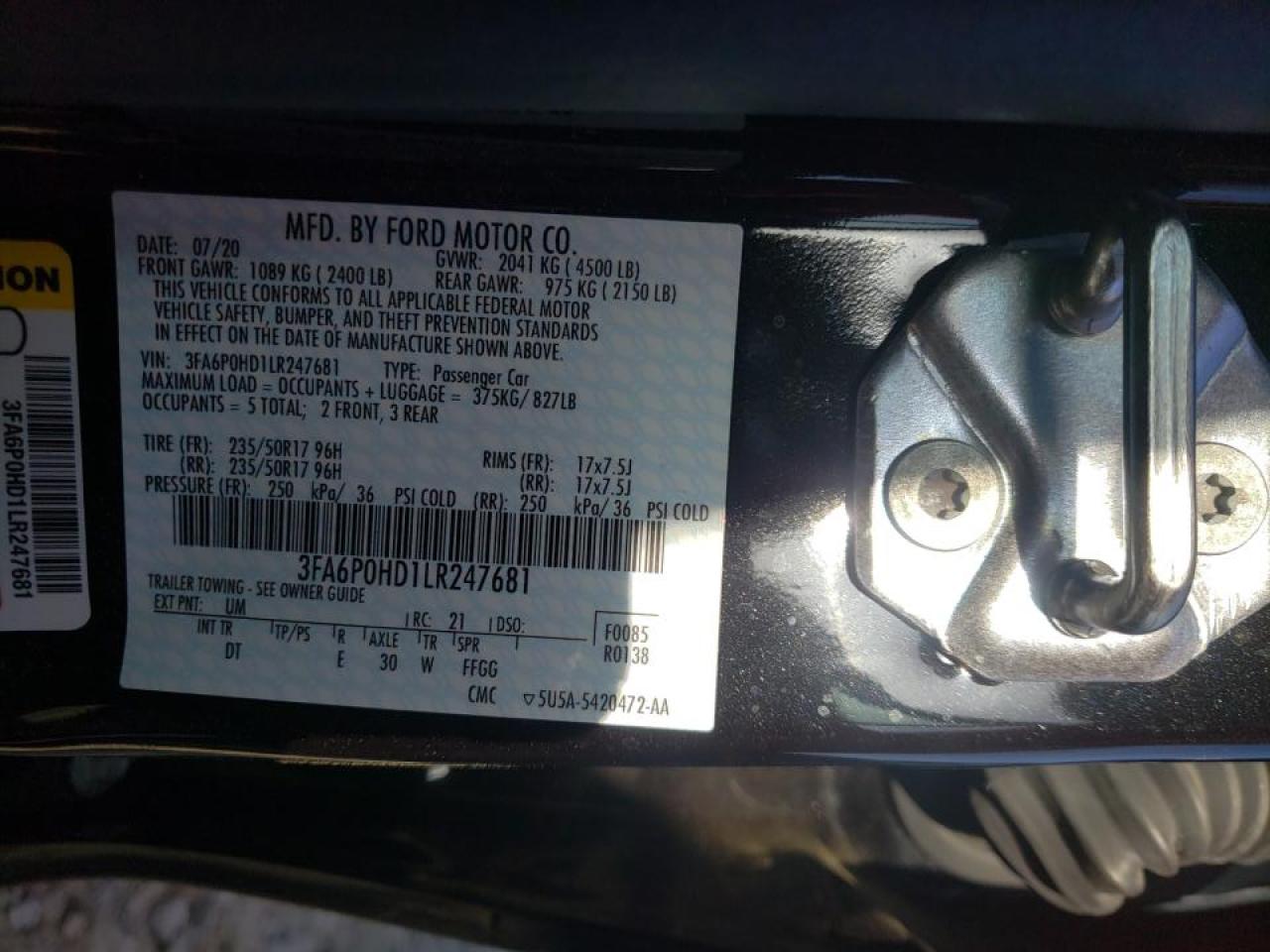Photo 10 from auction – 2020 FORD FUSION SE with VIN 3FA6P0HD1LR247681
