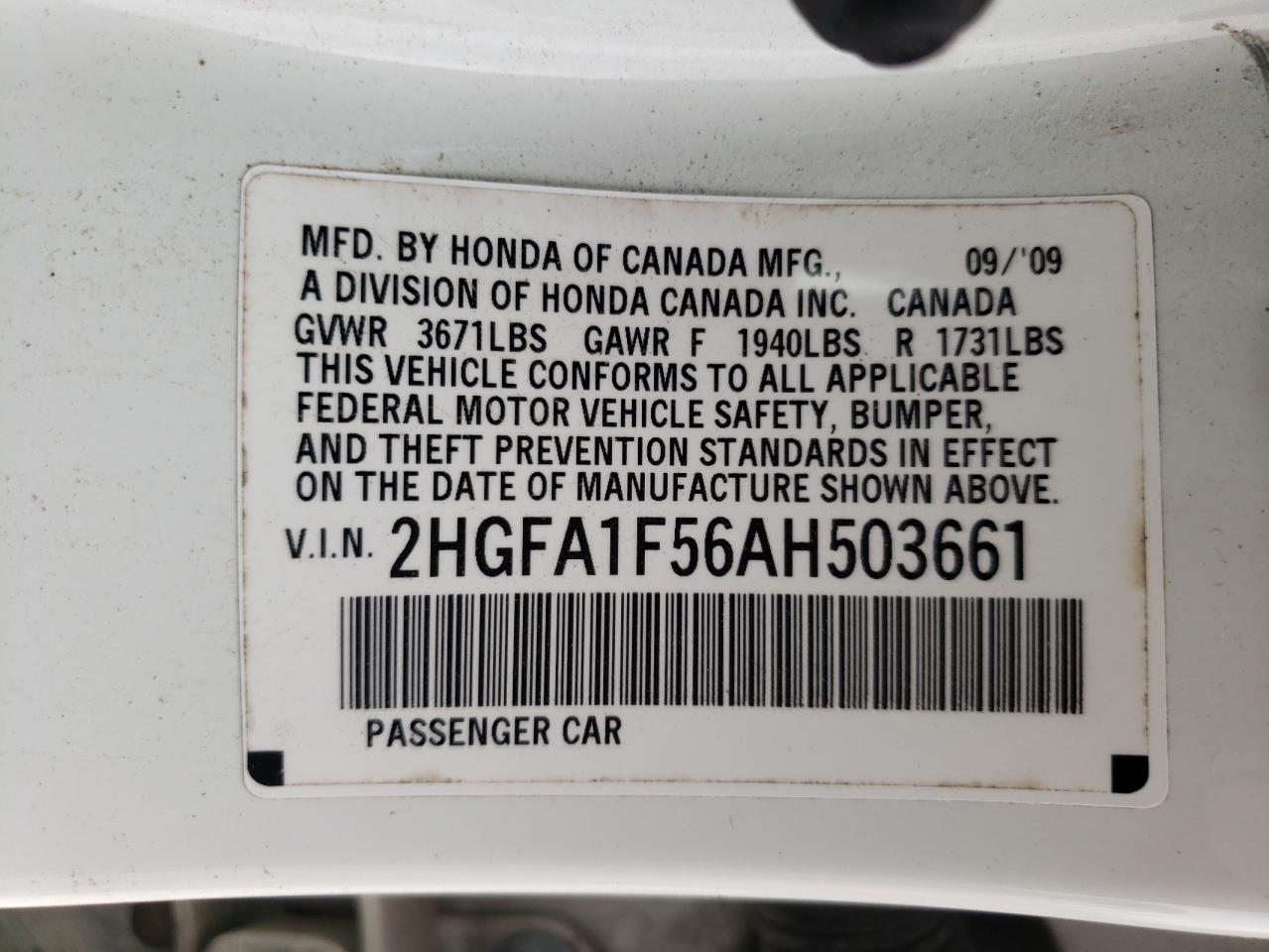 Photo 10 from auction – 2010 HONDA CIVIC LX with VIN 2HGFA1F56AH503661