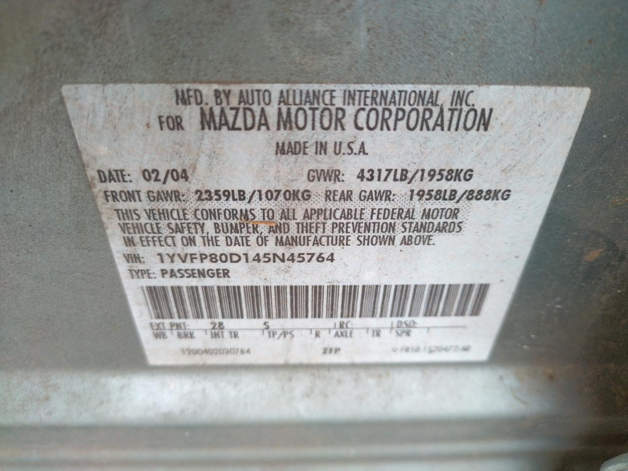 Photo 10 from auction – 2004 MAZDA 6 S with VIN 1YVFP80D145N45764