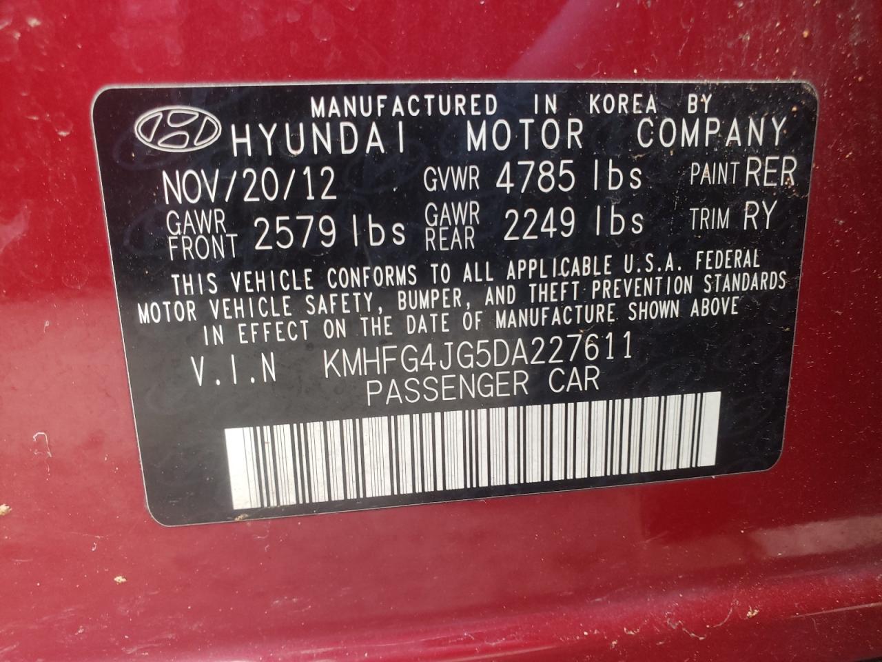 Photo 10 from auction – 2013 HYUNDAI AZERA with VIN KMHFG4JG5DA227611