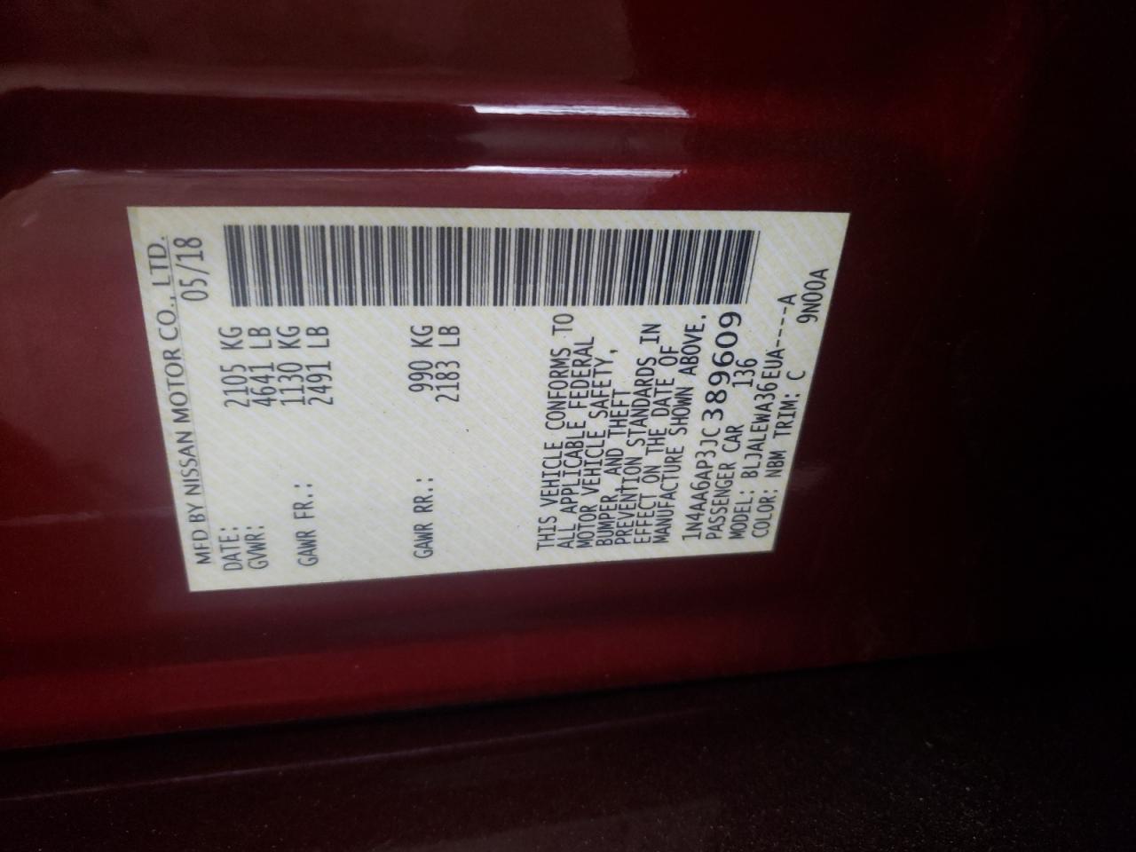 Photo 10 from auction – 2018 NISSAN MAXIMA 3.5 with VIN 1N4AA6AP3JC389609