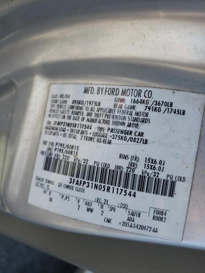 Photo 10 from auction – 2005 FORD FOCUS with VIN 3FAFP31N05R117544