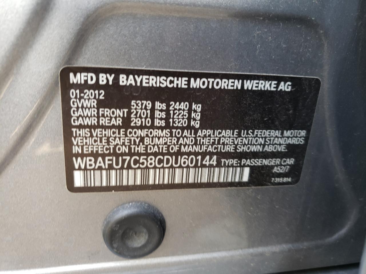 Photo 10 from auction – 2012 BMW 535 XI with VIN WBAFU7C58CDU60144