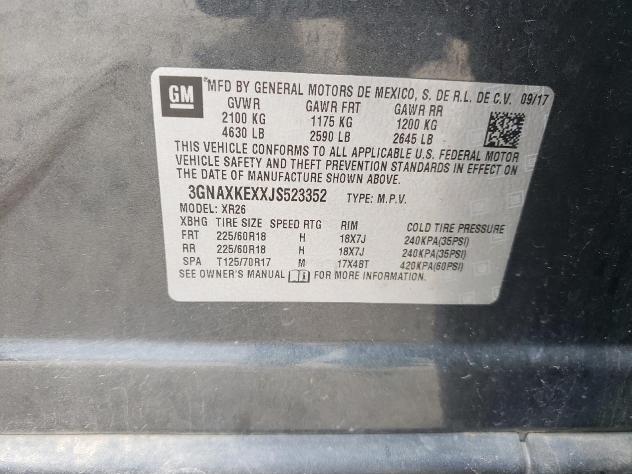Photo 10 from auction – 2018 CHEVROLET EQUINOX LT with VIN 3GNAXKEXXJS523352