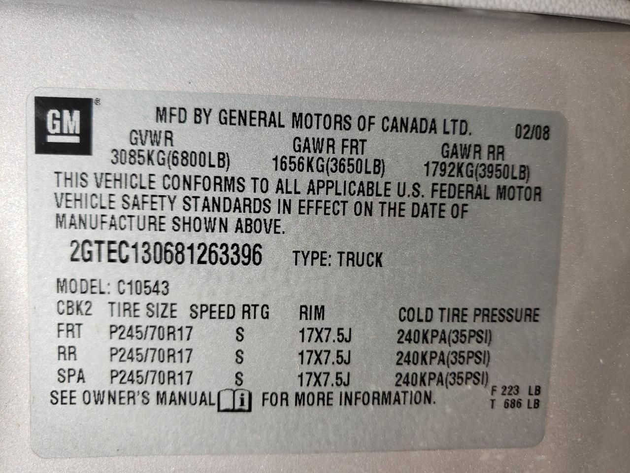 Photo 10 from auction – 2008 GMC SIERRA C15 with VIN 2GTEC130681263396