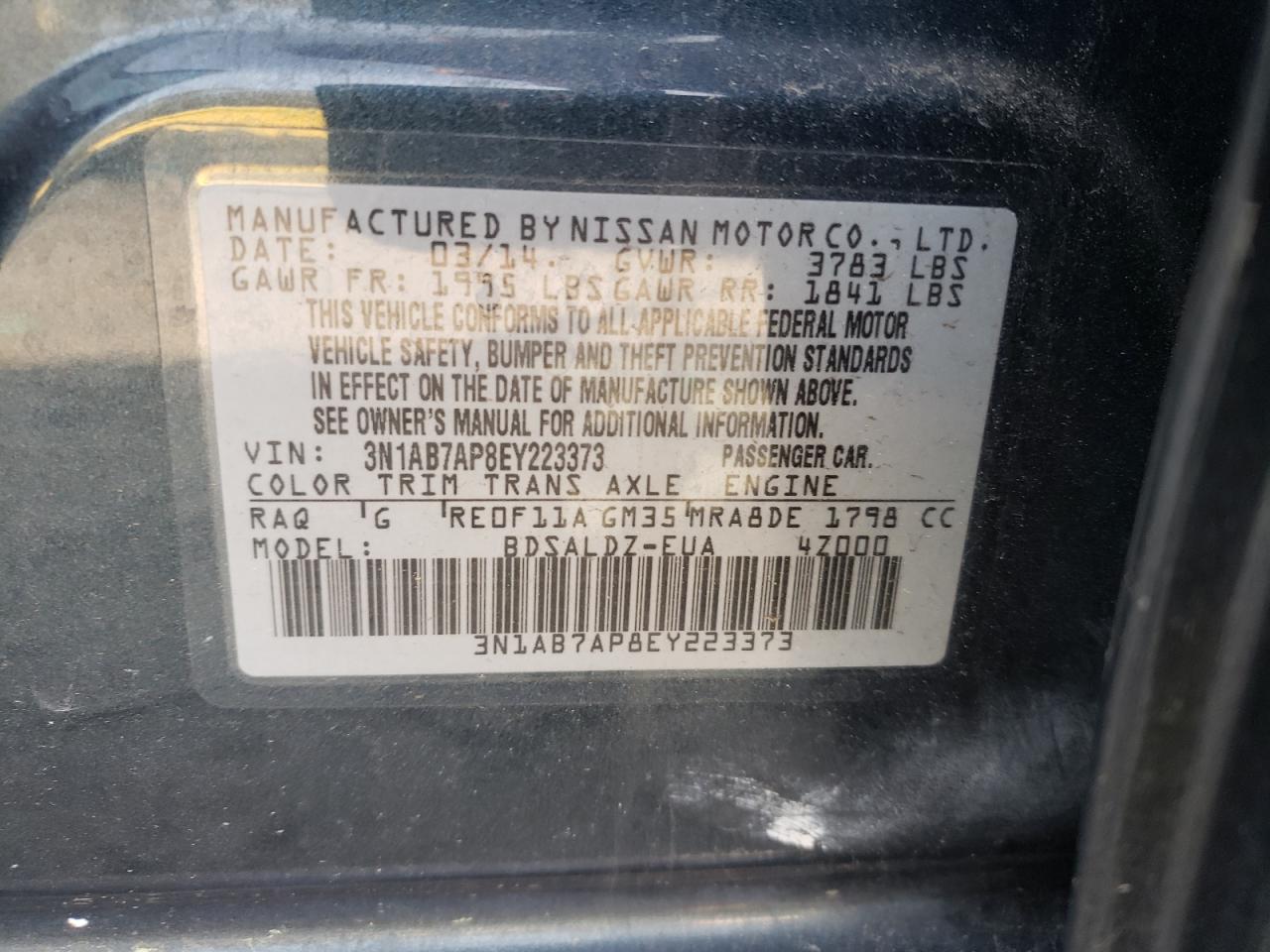 Photo 10 from auction – 2014 NISSAN SENTRA S with VIN 3N1AB7AP8EY223373