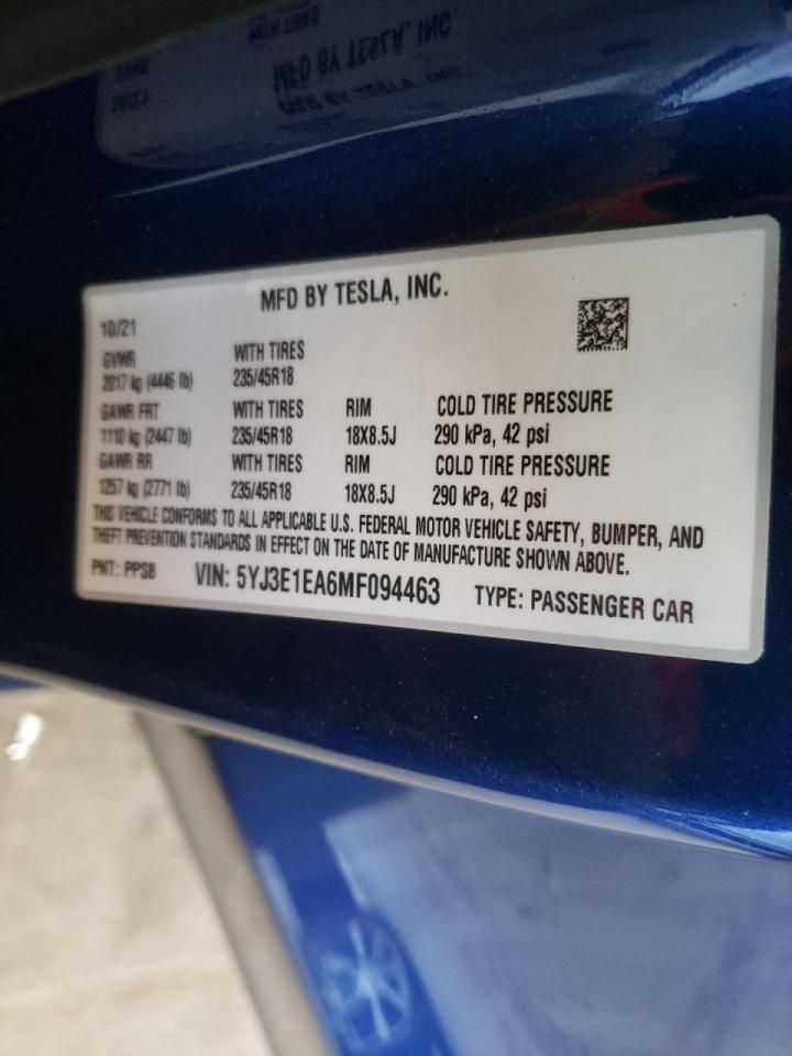 Photo 10 from auction – 2021 TESLA MODEL 3 with VIN 5YJ3E1EA6MF094463