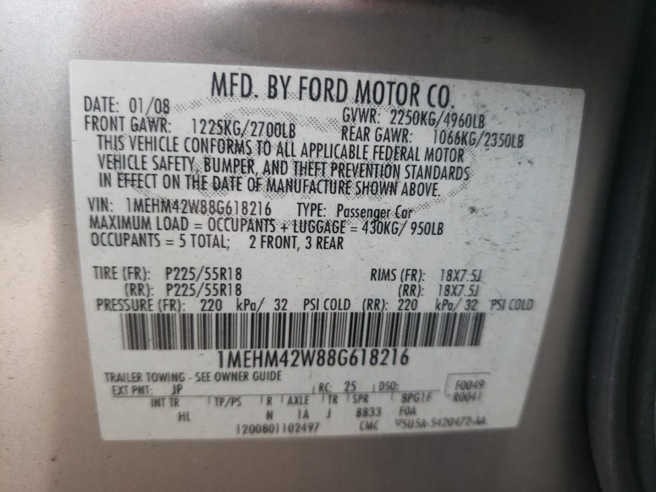Photo 10 from auction – 2008 MERCURY SABLE PREM with VIN 1MEHM42W88G618216