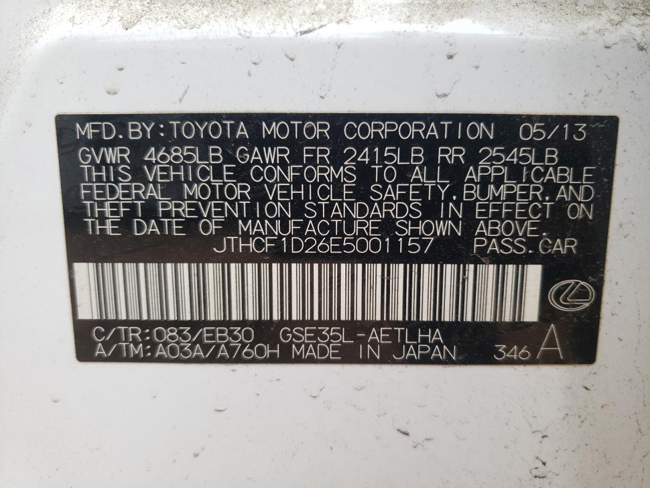 Photo 10 from auction – 2014 LEXUS IS 250 with VIN JTHCF1D26E5001157