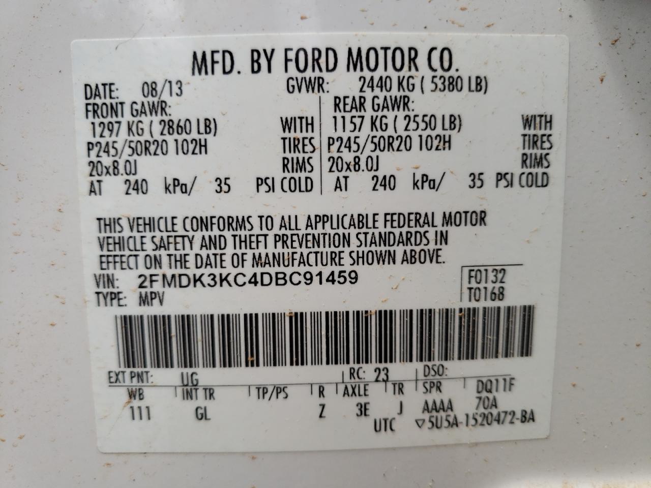 Photo 10 from auction – 2013 FORD EDGE LIMIT with VIN 2FMDK3KC4DBC91459
