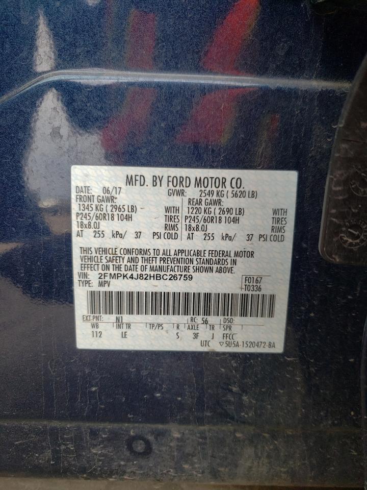 Photo 10 from auction – 2017 FORD EDGE SEL with VIN 2FMPK4J82HBC26759