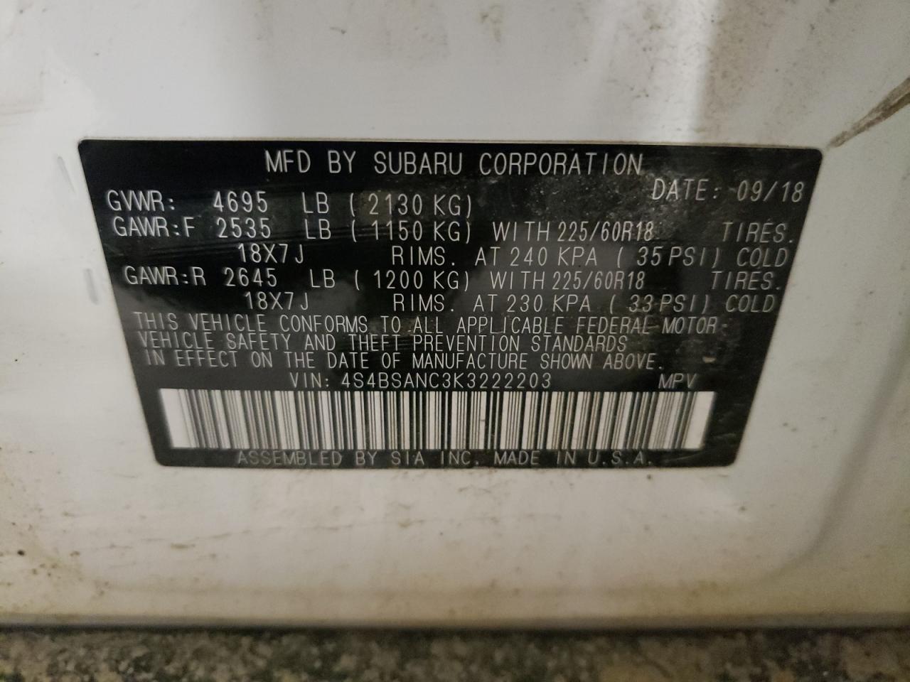 Photo 10 from auction – 2019 SUBARU OUTBACK 2. with VIN 4S4BSANC3K3222203