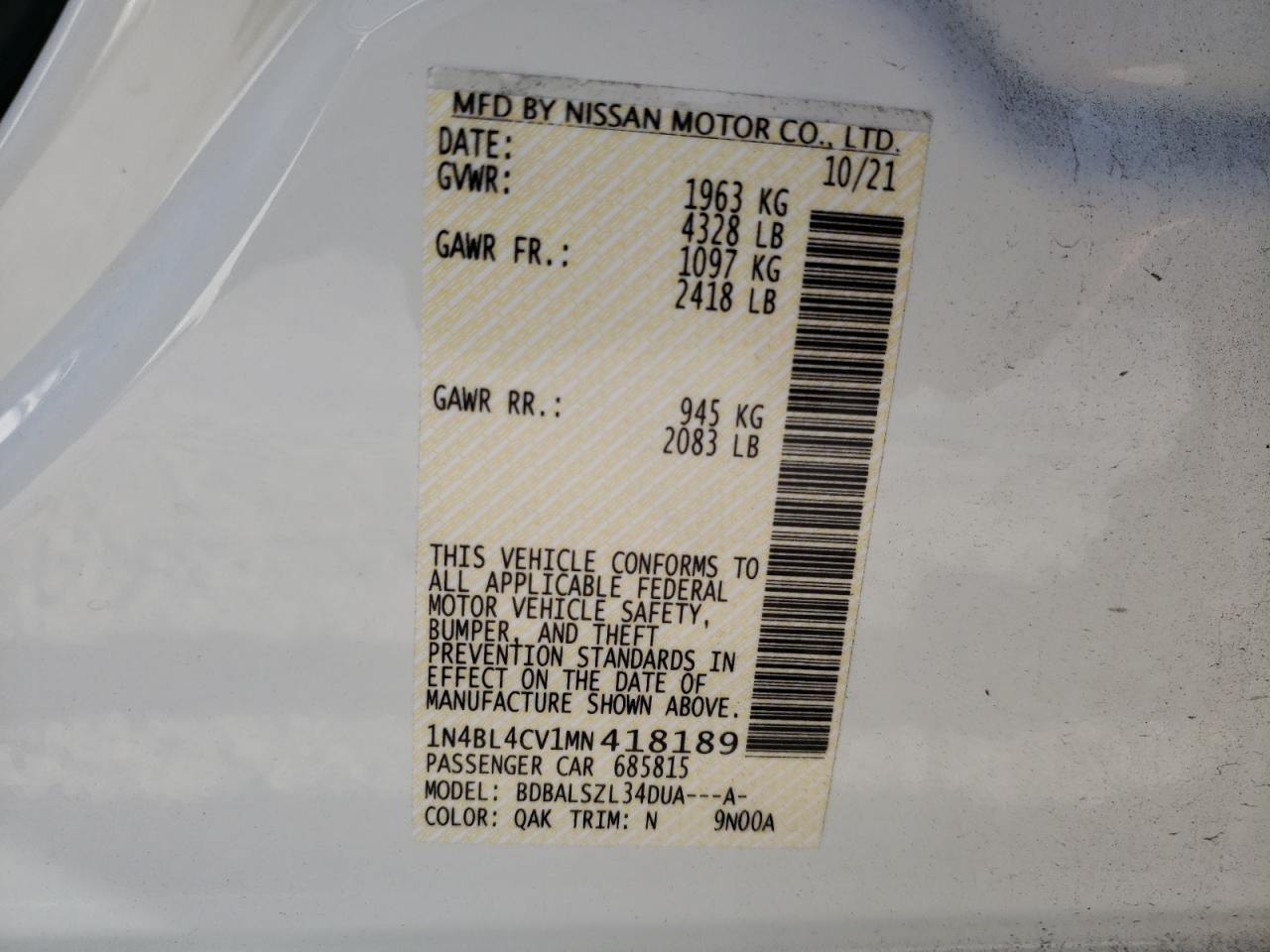 Photo 10 from auction – 2021 NISSAN ALTIMA SR with VIN 1N4BL4CV1MN418189