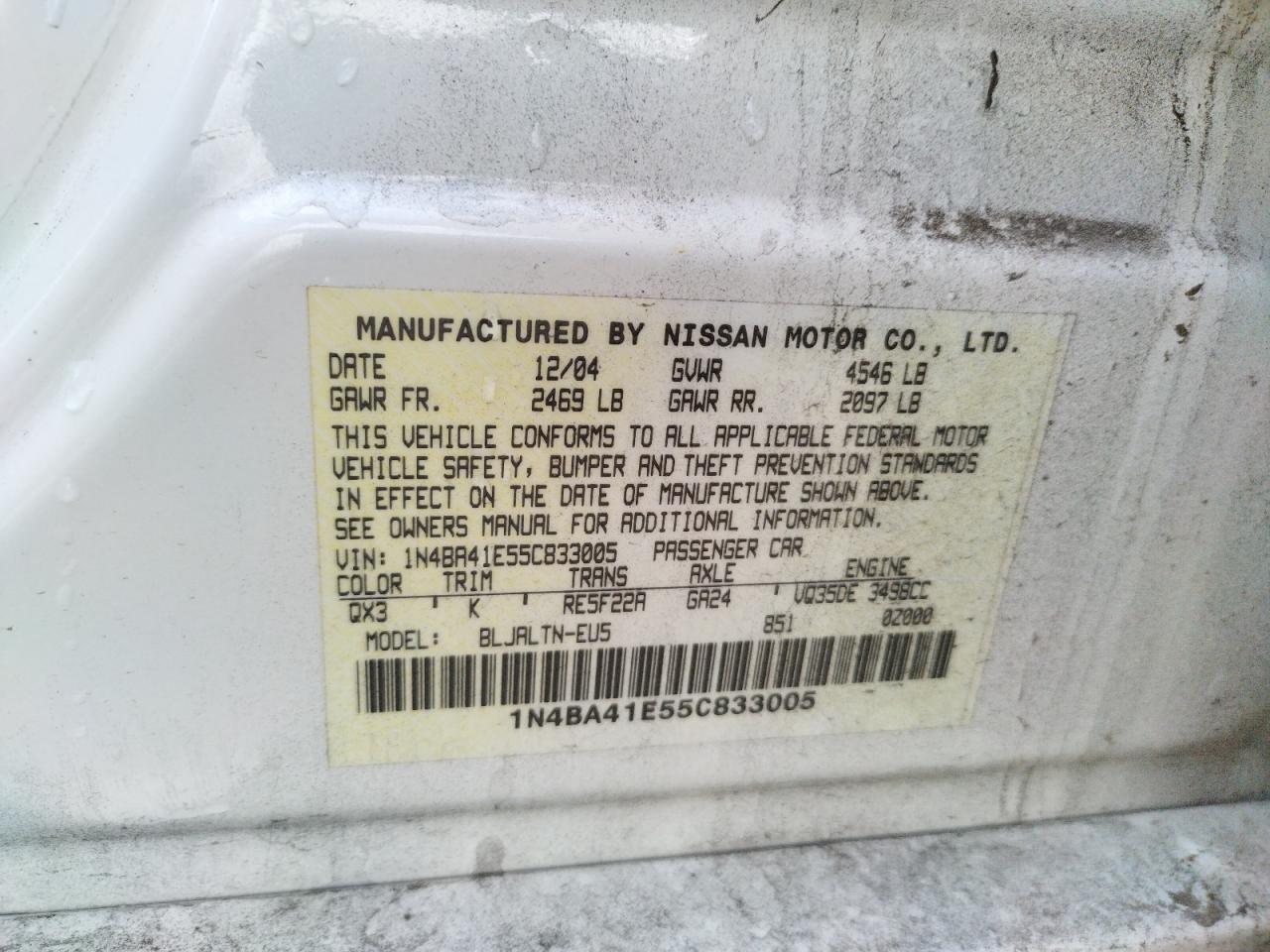 Photo 10 from auction – 2005 NISSAN MAXIMA SE with VIN 1N4BA41E55C833005