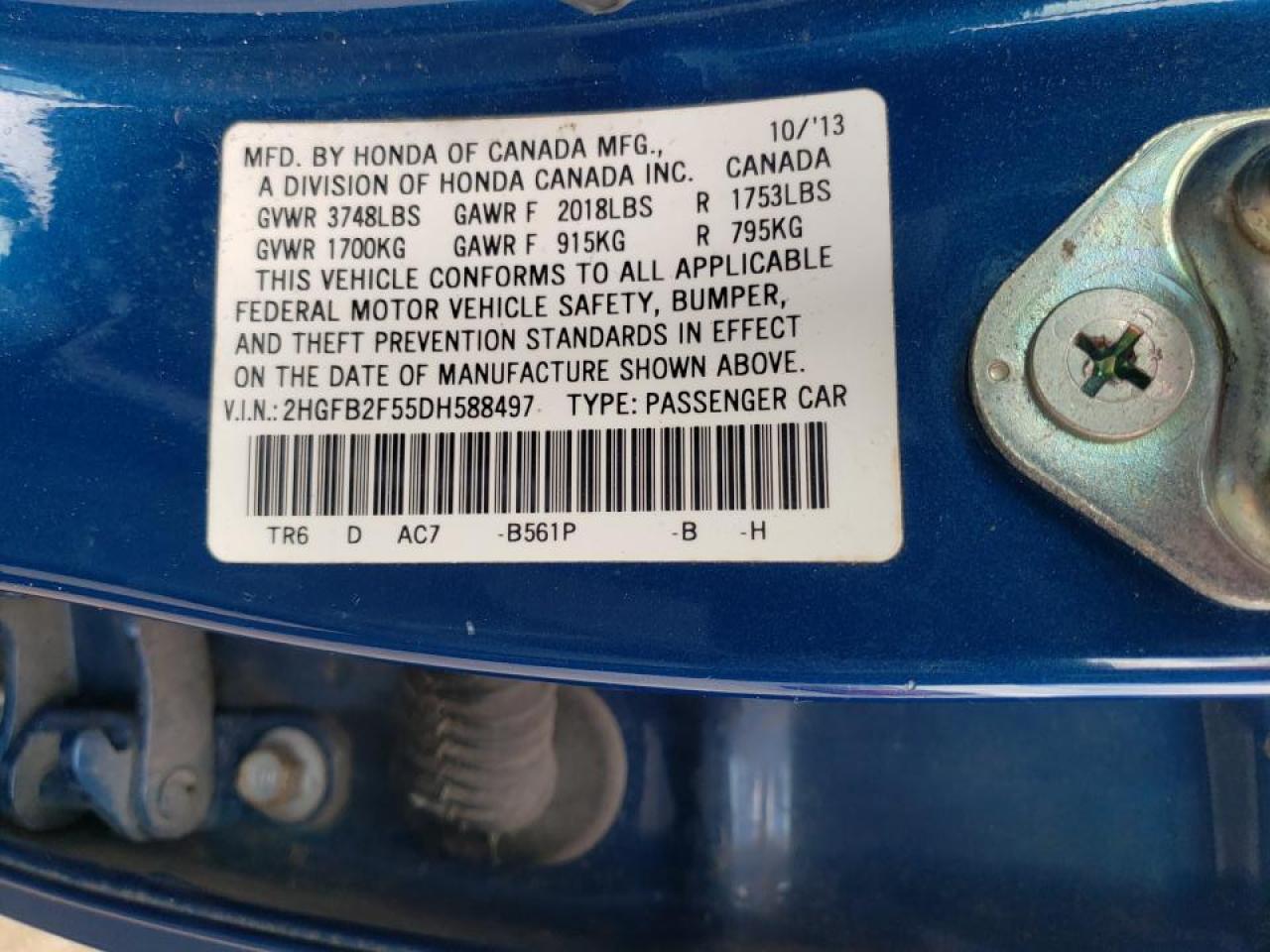 Photo 10 from auction – 2013 HONDA CIVIC LX with VIN 2HGFB2F55DH588497