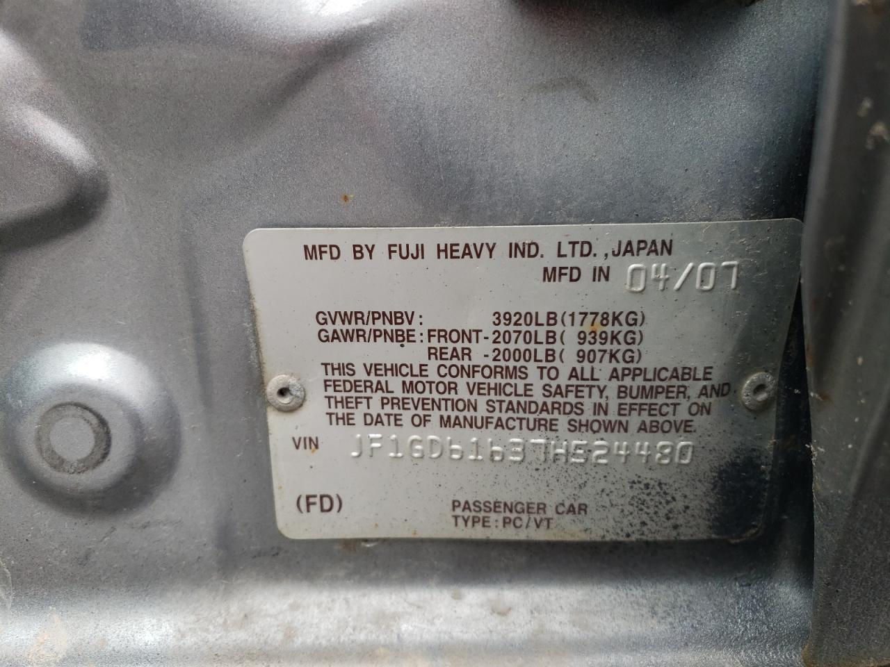 Photo 10 from auction – 2007 SUBARU IMPREZA 2. with VIN JF1GD61637H524480