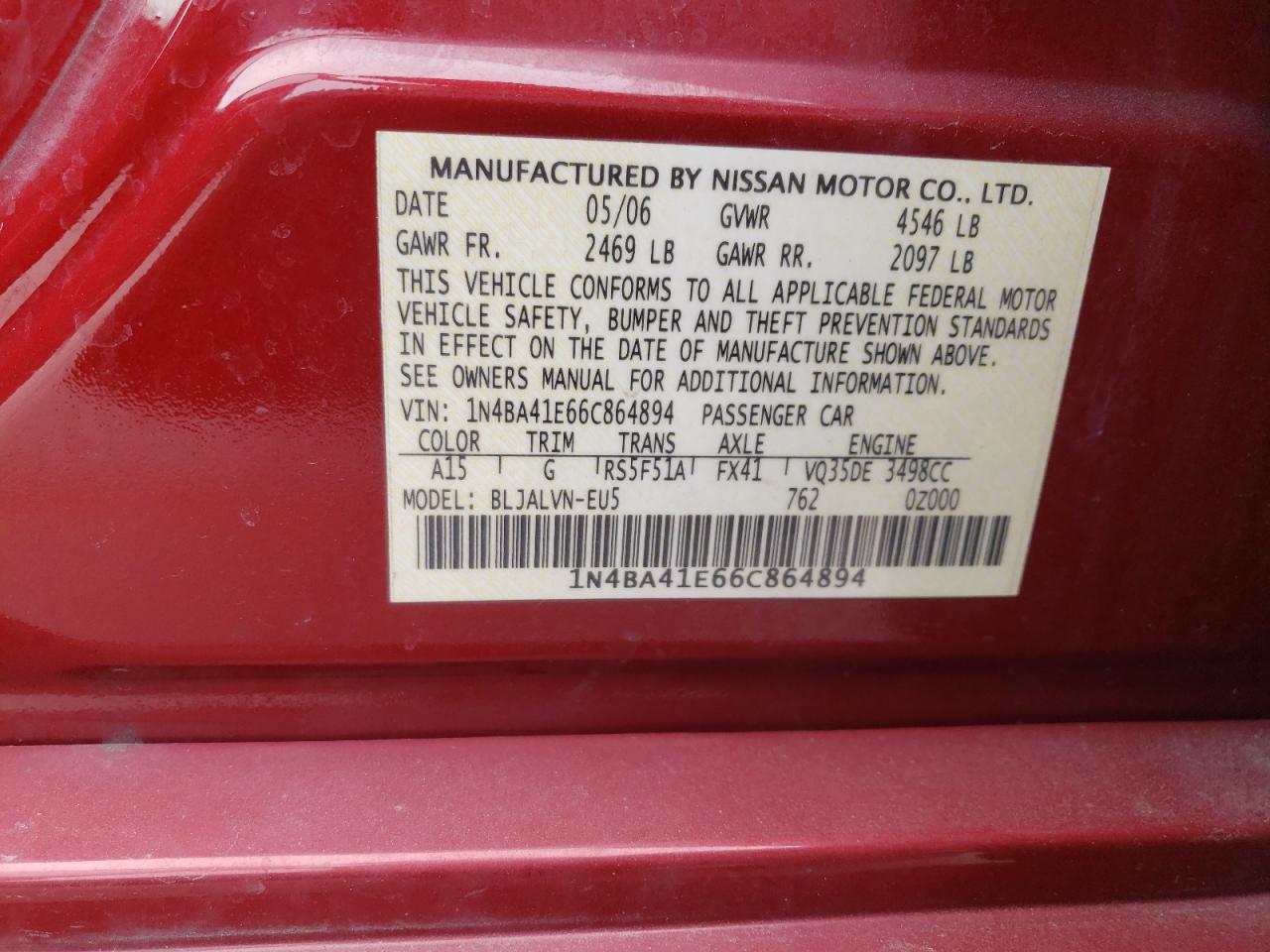 Photo 10 from auction – 2006 NISSAN MAXIMA SE with VIN 1N4BA41E66C864894