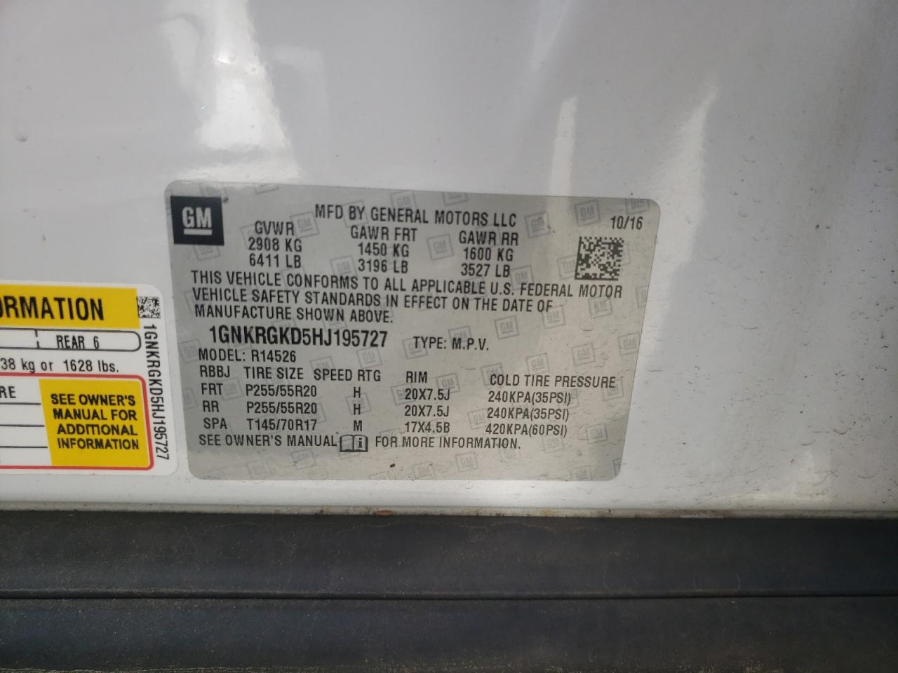 Photo 10 from auction – 2017 CHEVROLET TRAVERSE L with VIN 1GNKRGKD5HJ195727