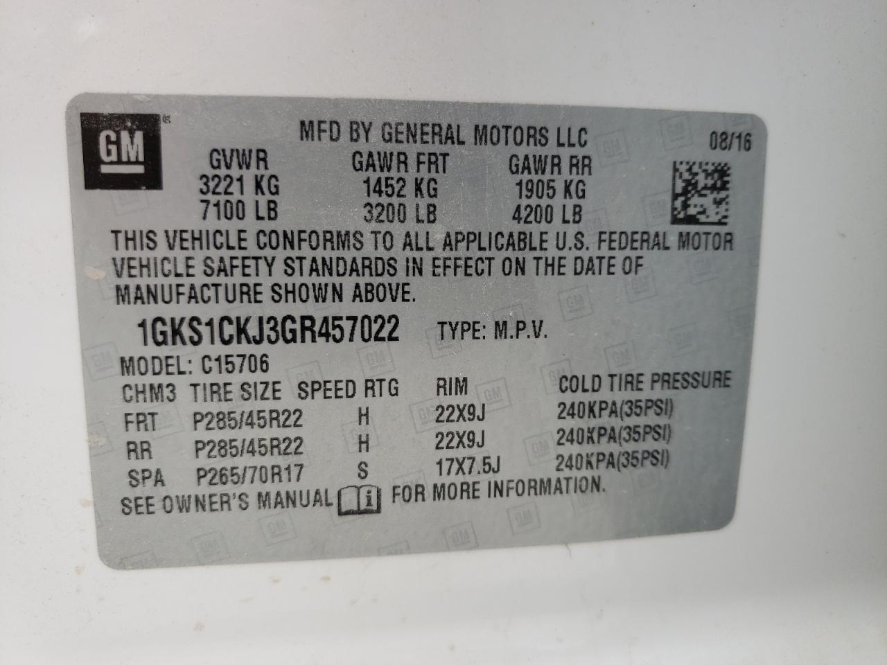 Photo 10 from auction – 2016 GMC YUKON DENA with VIN 1GKS1CKJ3GR457022