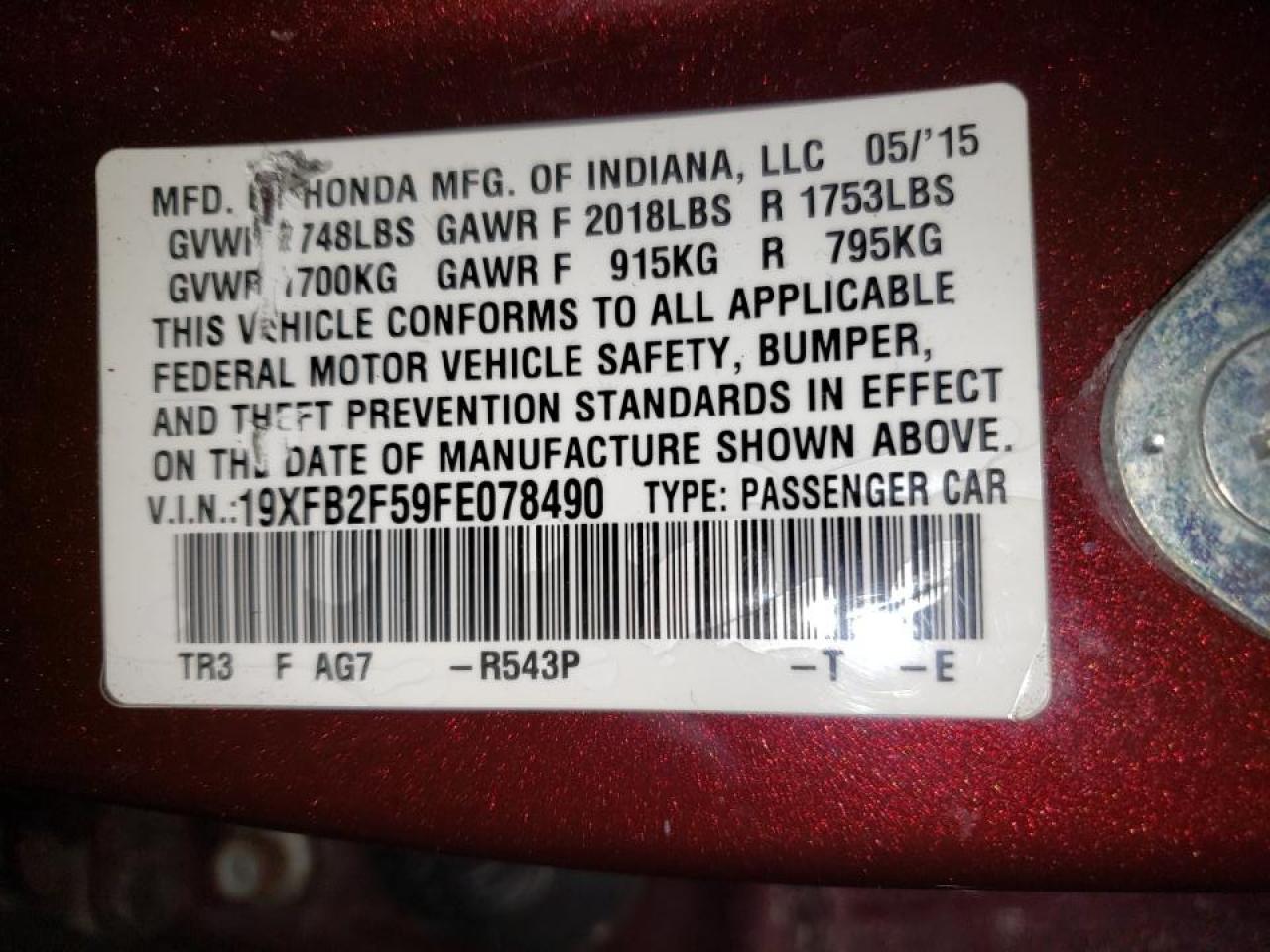 Photo 10 from auction – 2015 HONDA CIVIC LX with VIN 19XFB2F59FE078490